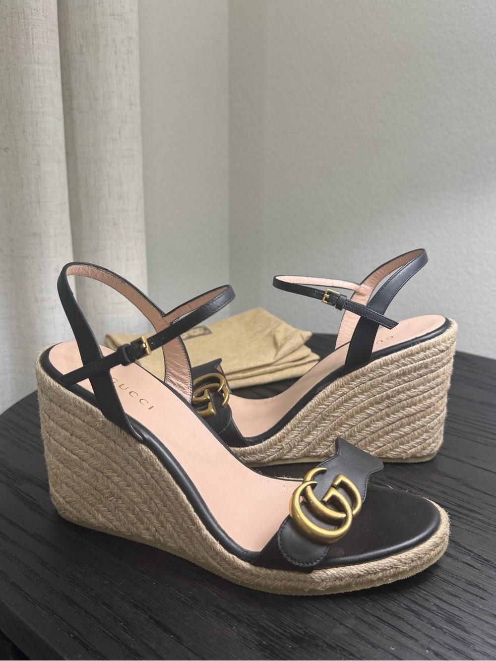 Gucci Marmont GG Espadrille Wedge Sandals Black 37